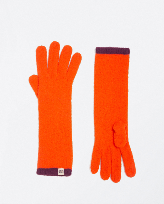 Guanti lunghi in maglia a costine bicolore Arancione