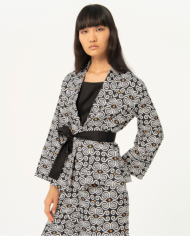 Giacca kimono in raso stampato Nero