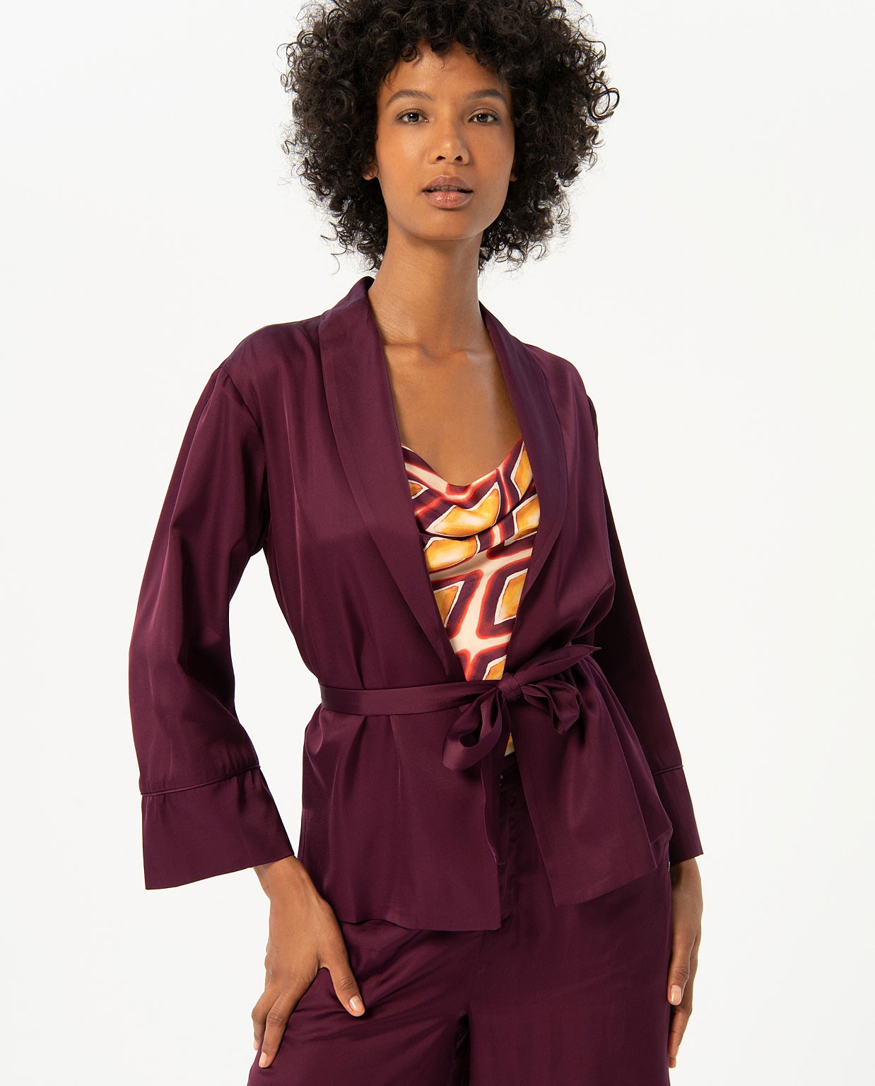 Giacca kimono in raso liscio Bordeaux
