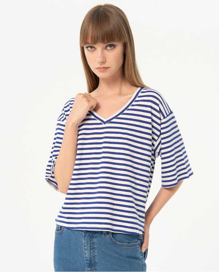 T-shirt in cotone a righe larghe Azzurro
