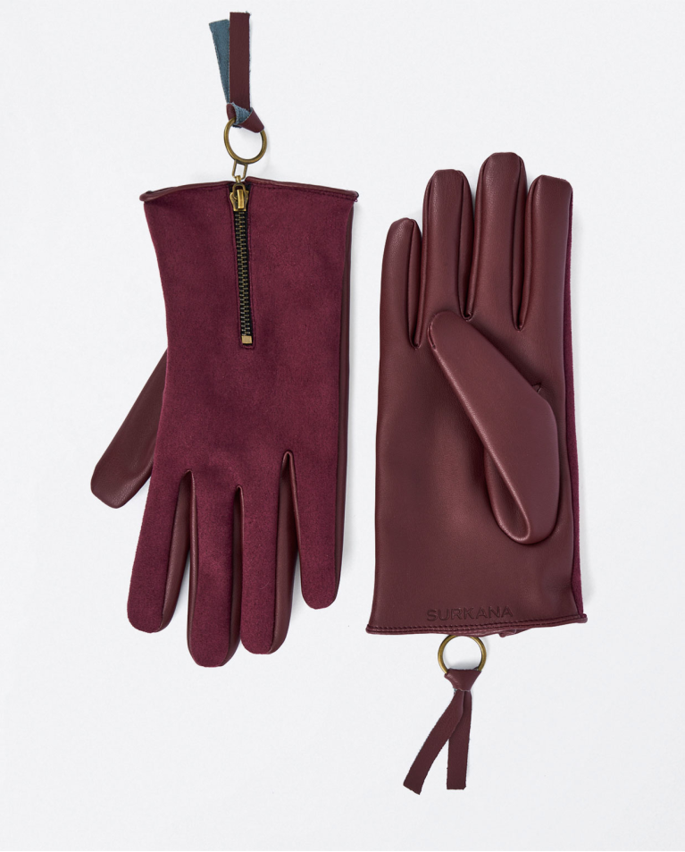 Combination gloves with zipper Maroon