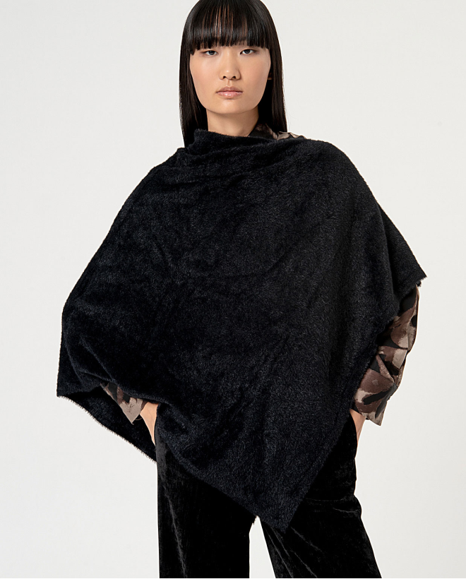 Poncho liscio in maglia con pelo Nero