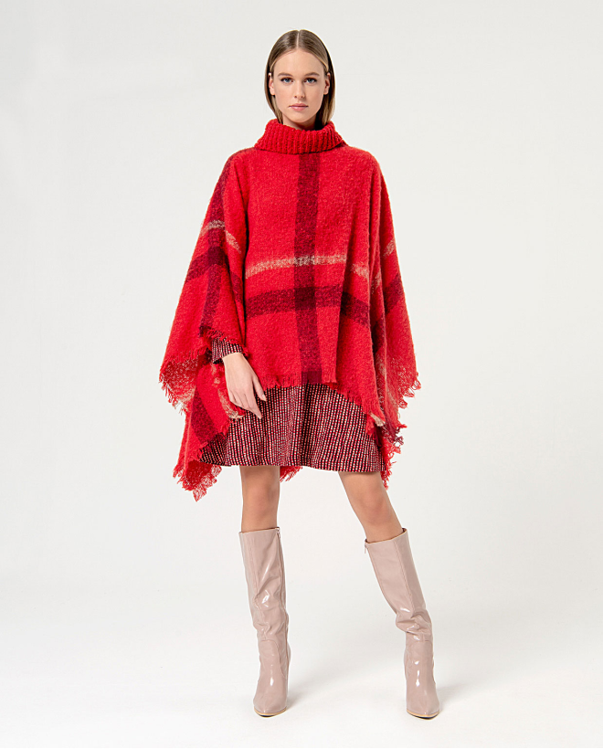 Plaid turtleneck poncho Red