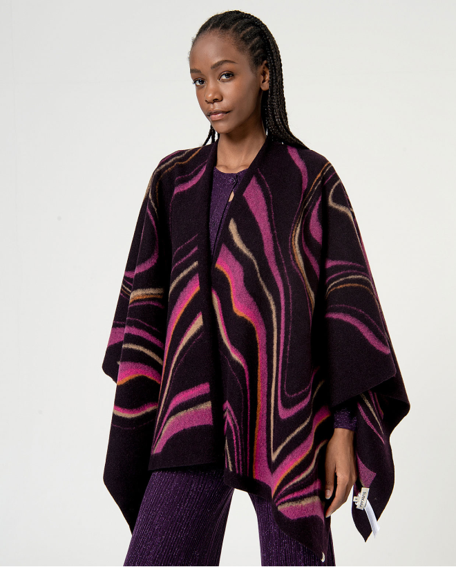 Waves printed open poncho Purple