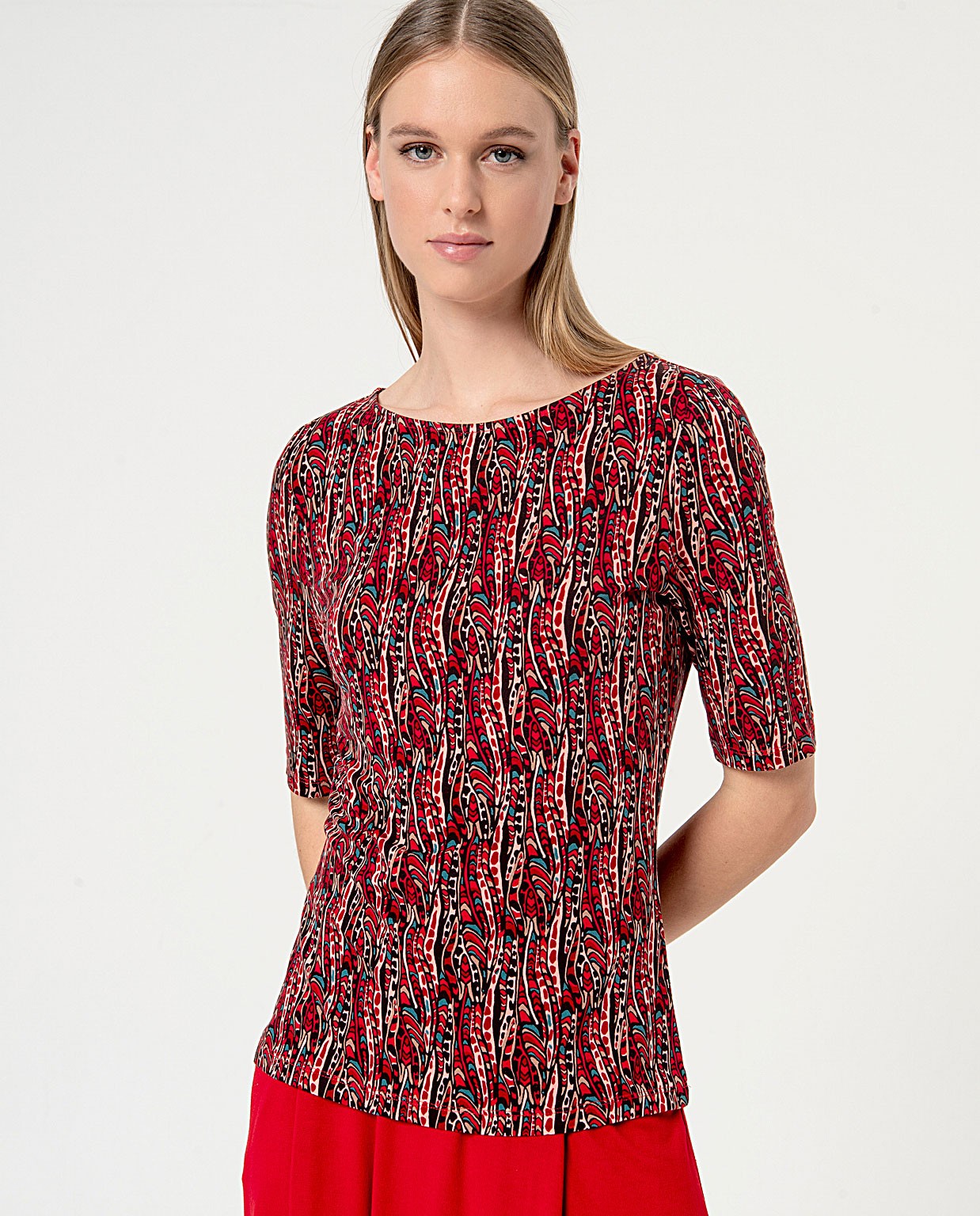 Printed boat neck elastic t-shirt Maroon