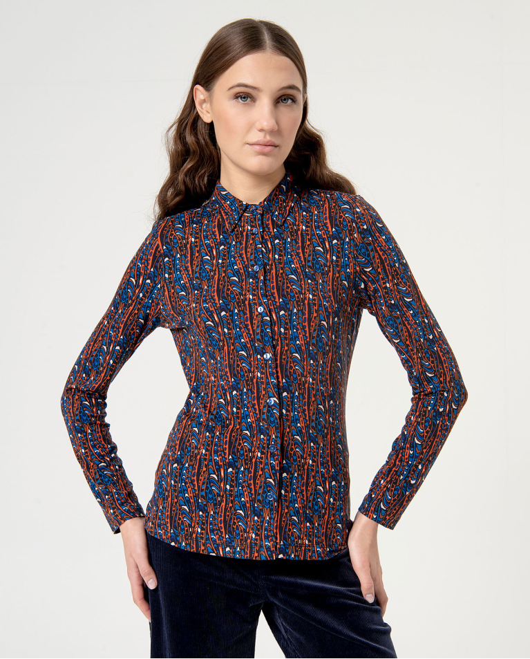 Printed long sleeve elastic shirt Blue