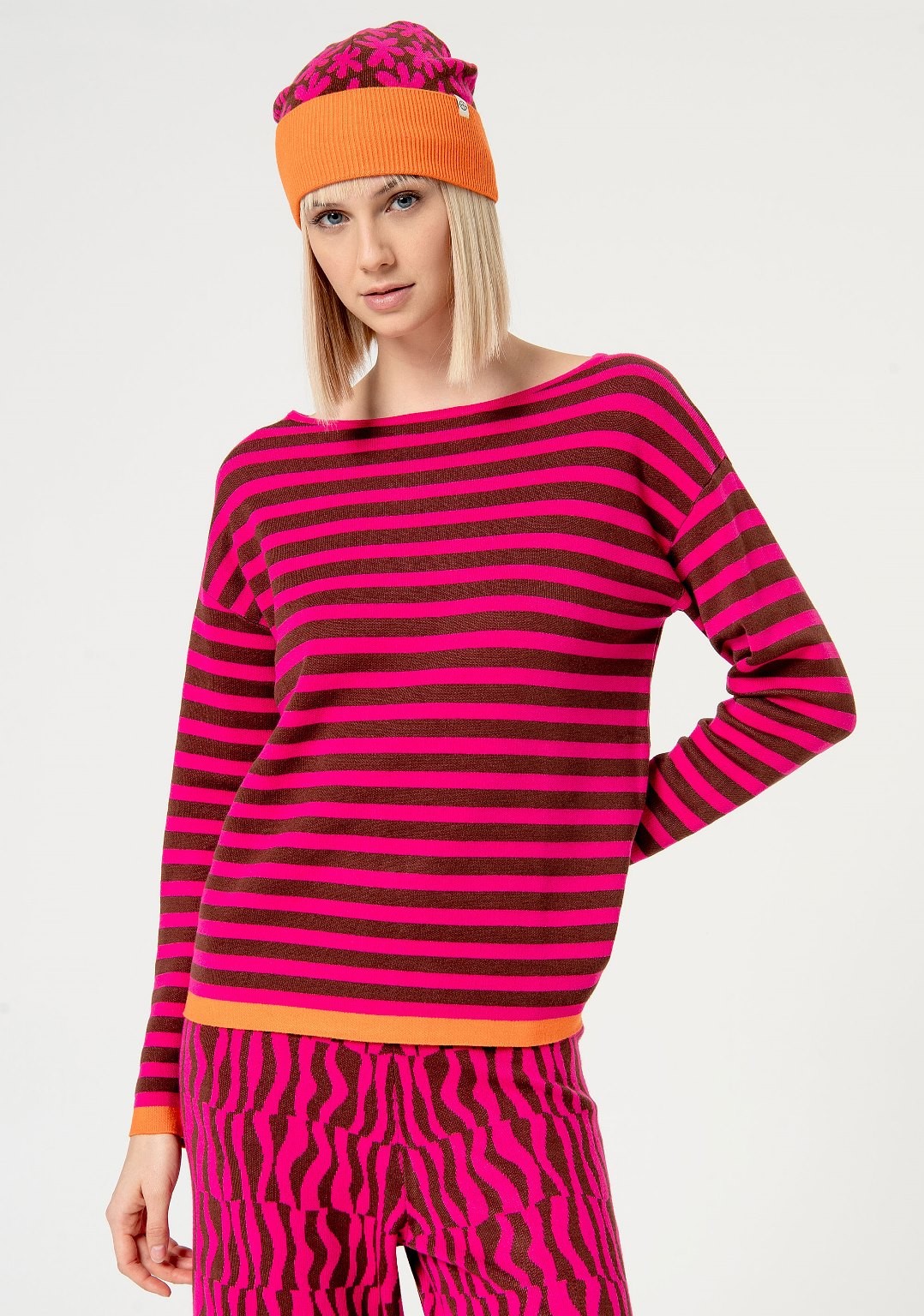 Maglia jacquard a righe Fucsia