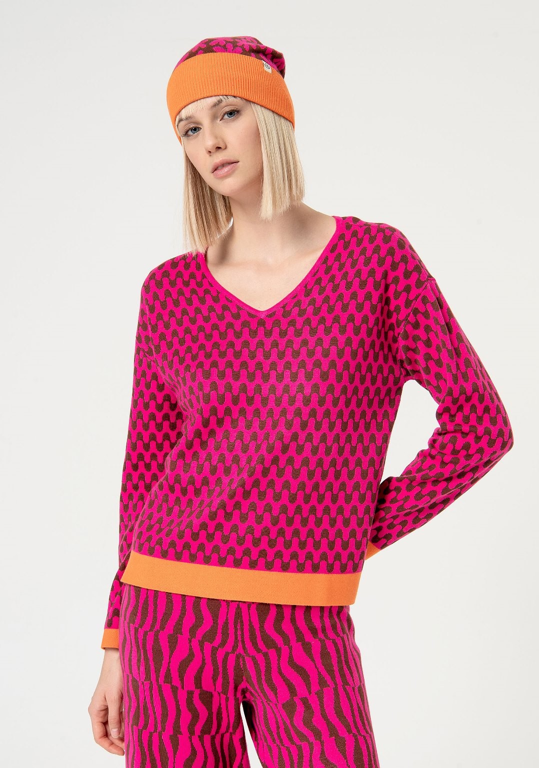 Maglia jacquard geometrica Fucsia