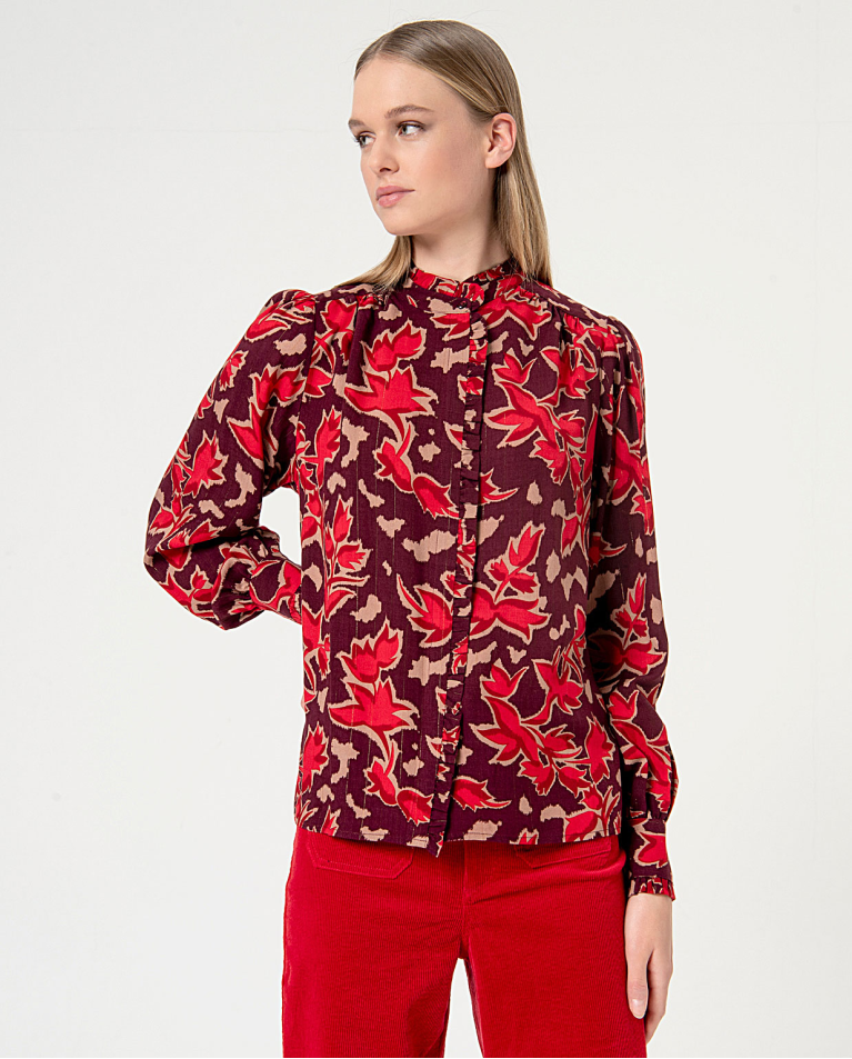 Blouse in viscosa con arricciature stampata Bordeaux