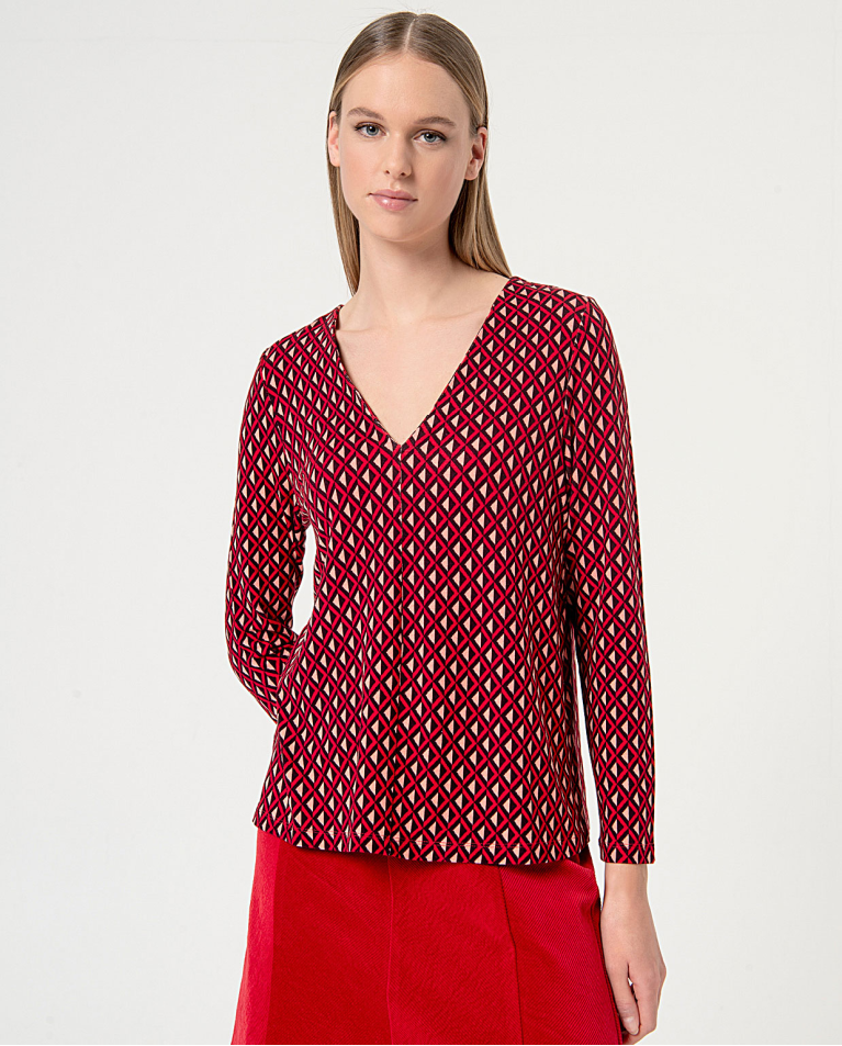 Blouse elastica a manica lunga stampata Rosso