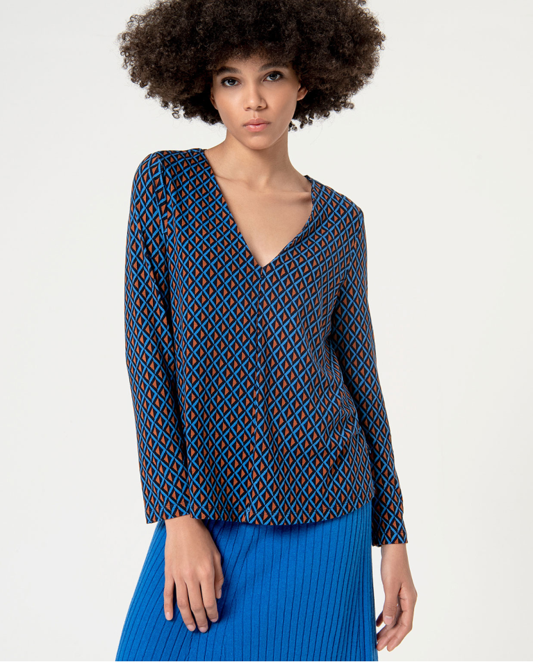 Blouse elastica a manica lunga stampata Azzurro