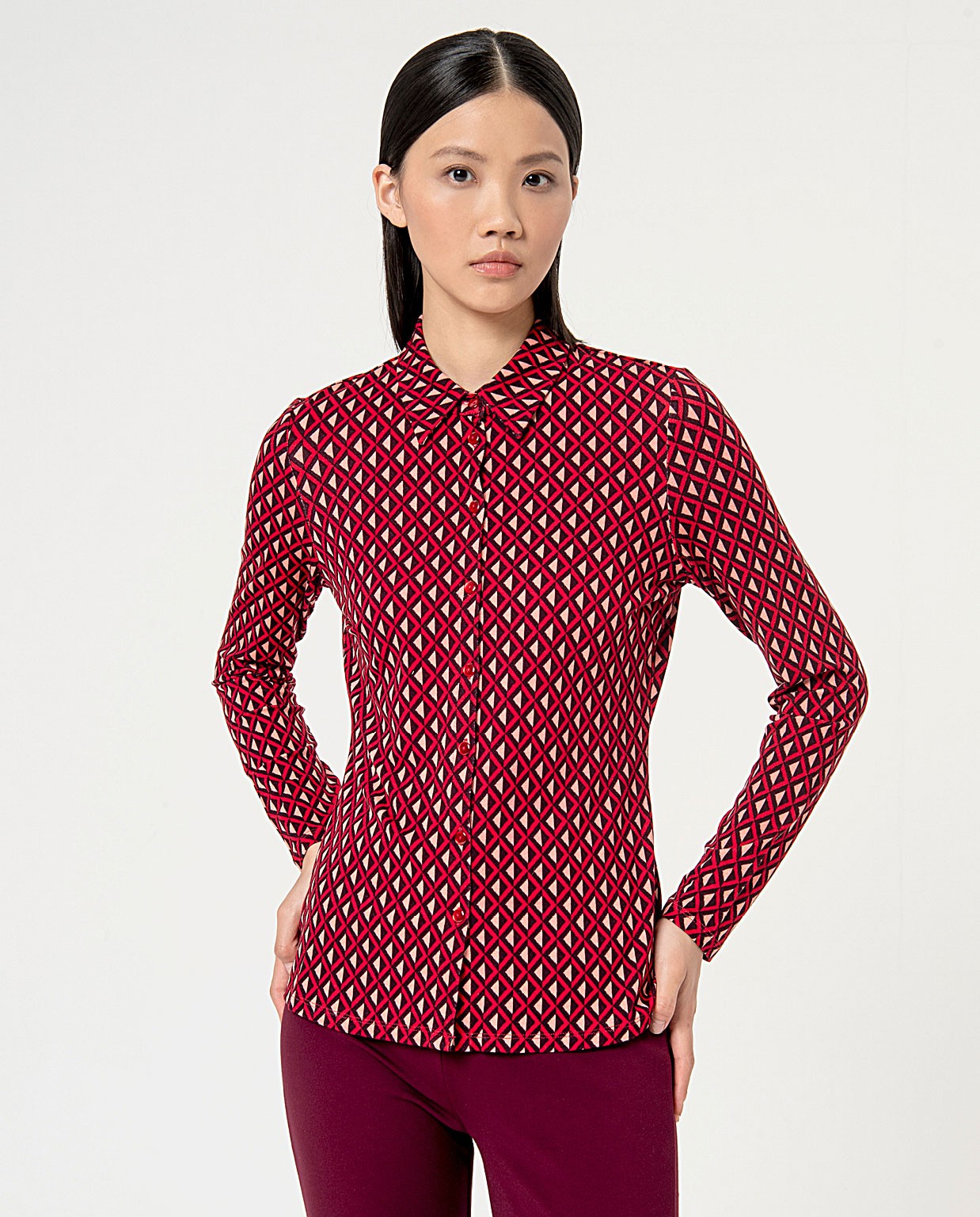 Camicia elastica a manica lunga stampata Rosso