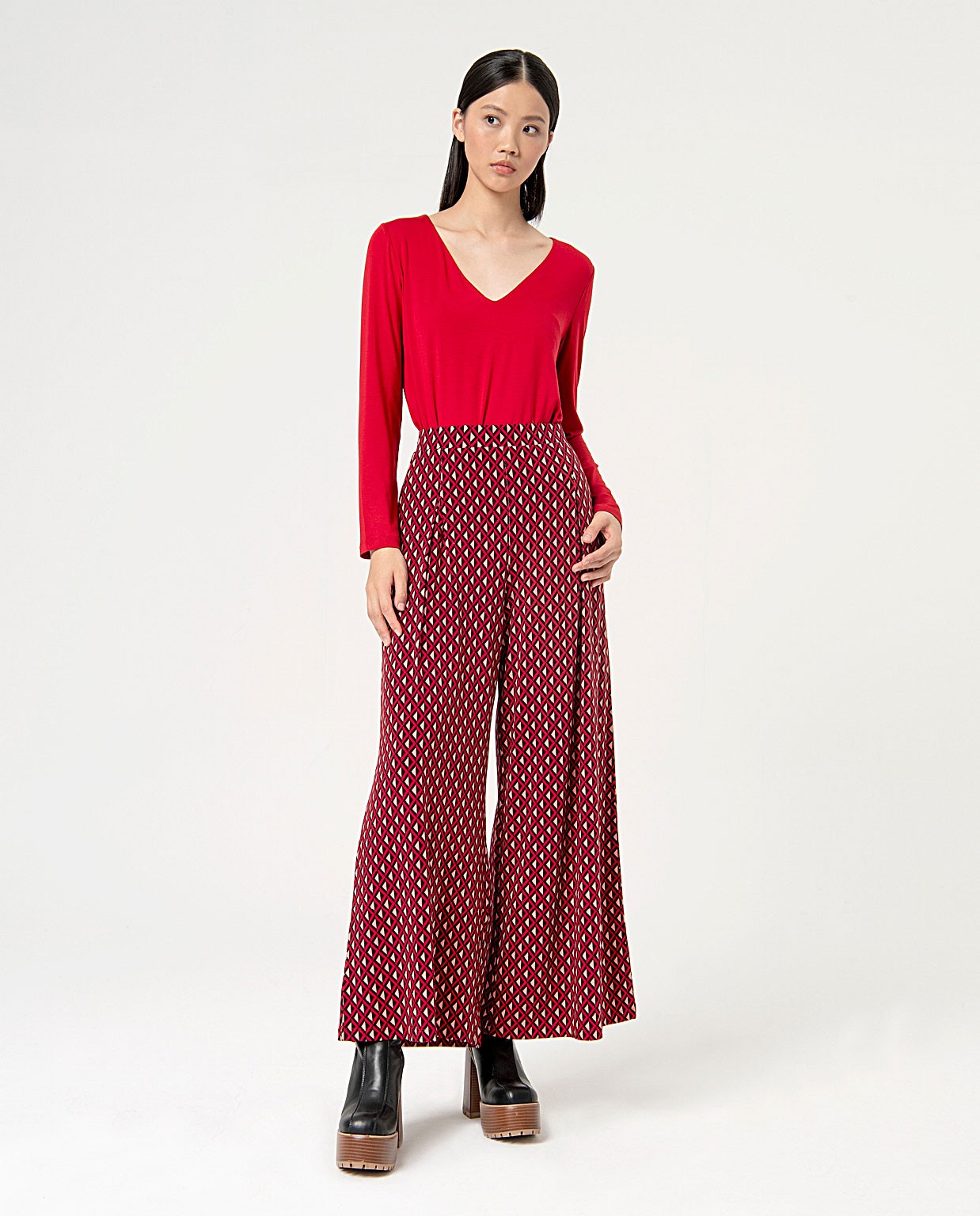 Pantalone wide leg elasticizzato stampato Rosso