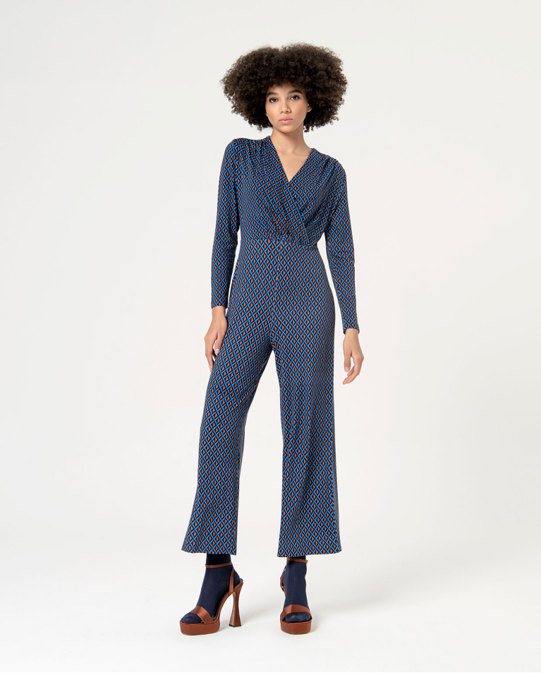 Stretch printed cross over jumpsuit Blue