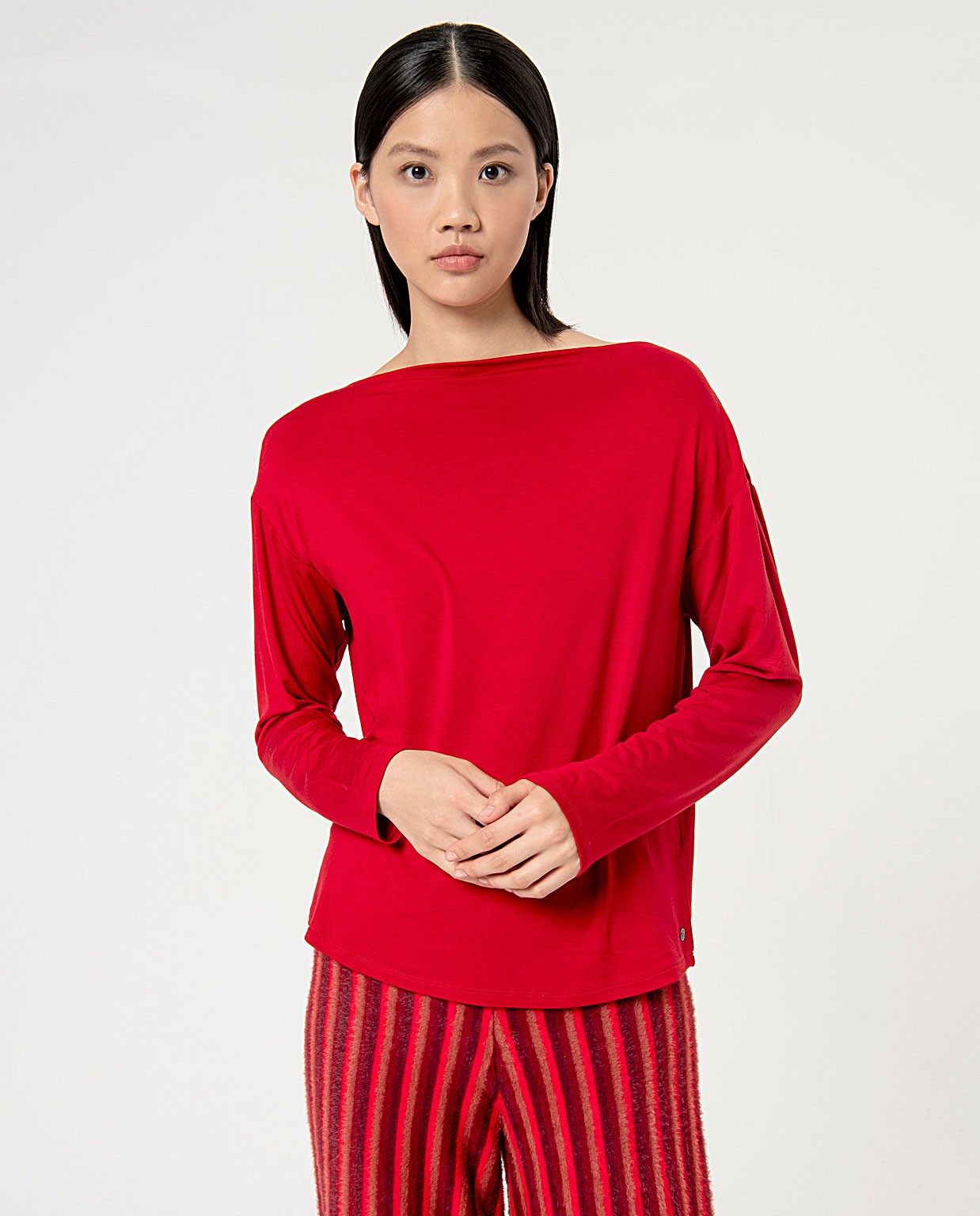 Blouse a manica lunga con scollo barca tinta unita Rosso