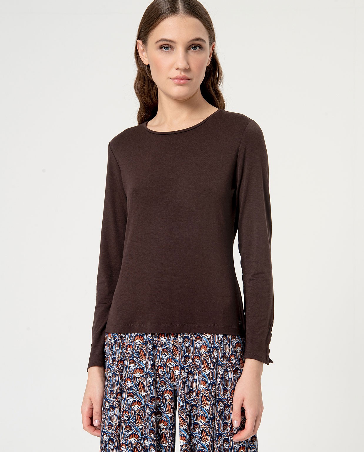 Blouse a manica lunga con collo rotondo tinta unit Cioccolato