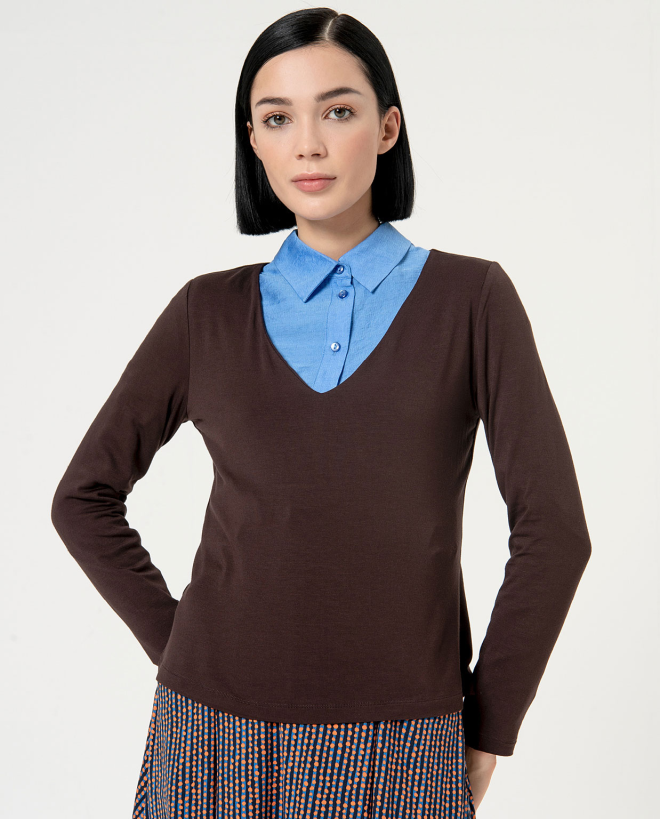 Blouse a manica lunga con scollo a V tinta unita Cioccolato