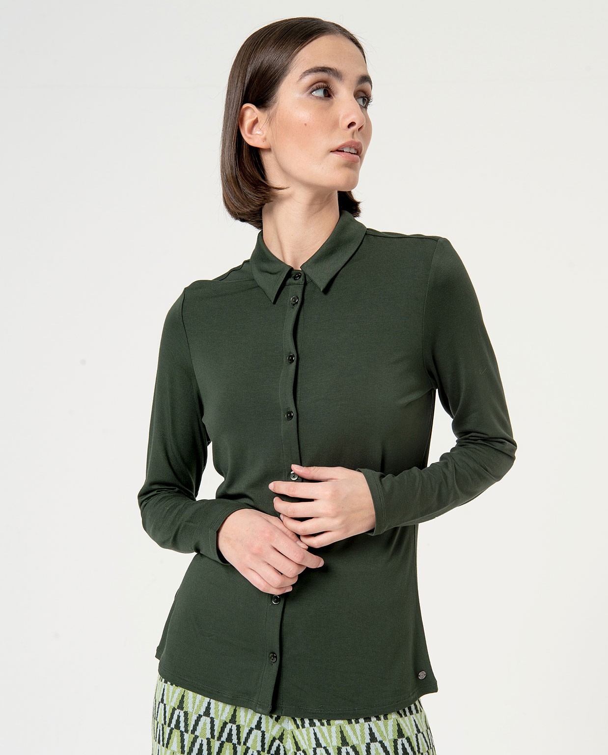 Camicia elastica a manica lunga tinta unita Verde