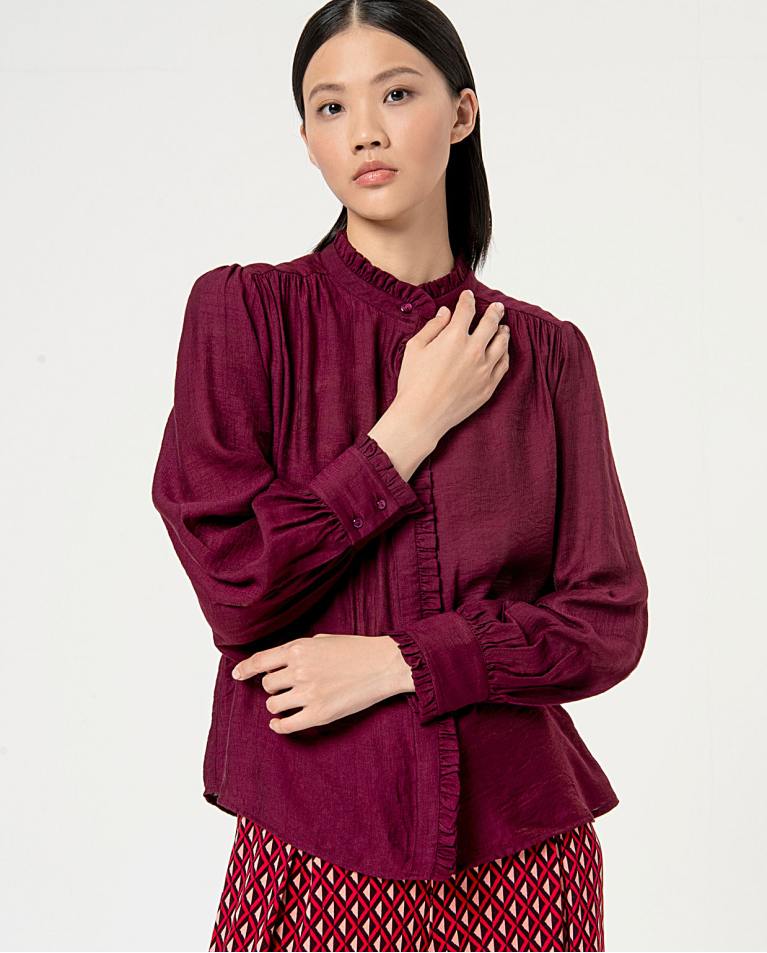 Camicia collo mao arricciata tinta unita Bordeaux