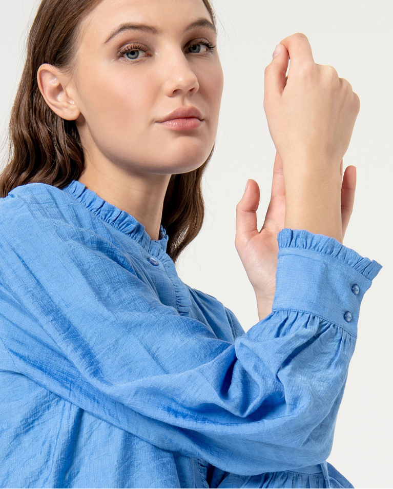 Camicia collo mao arricciata tinta unita Azzurro