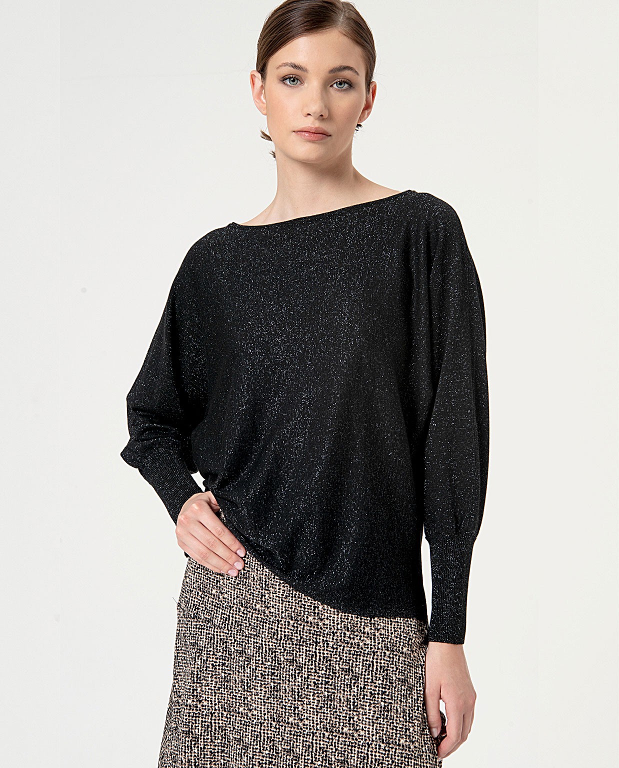 Plain puff sleeve sweater Black