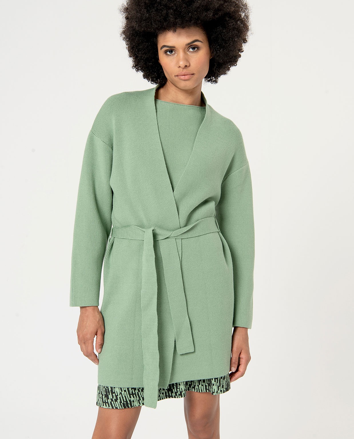 Plain open cardigan with belt Green