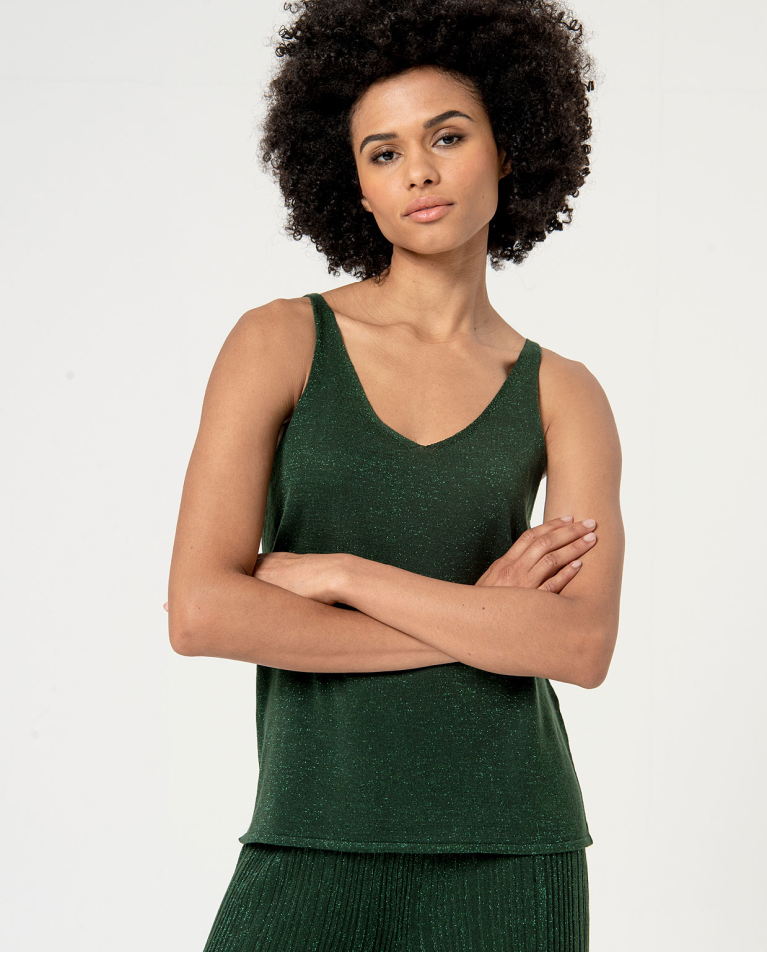 Top in maglia con filo metallizzato tinta unita Verde