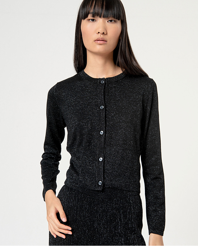 Plain metallic yarn cropped cardigan Black