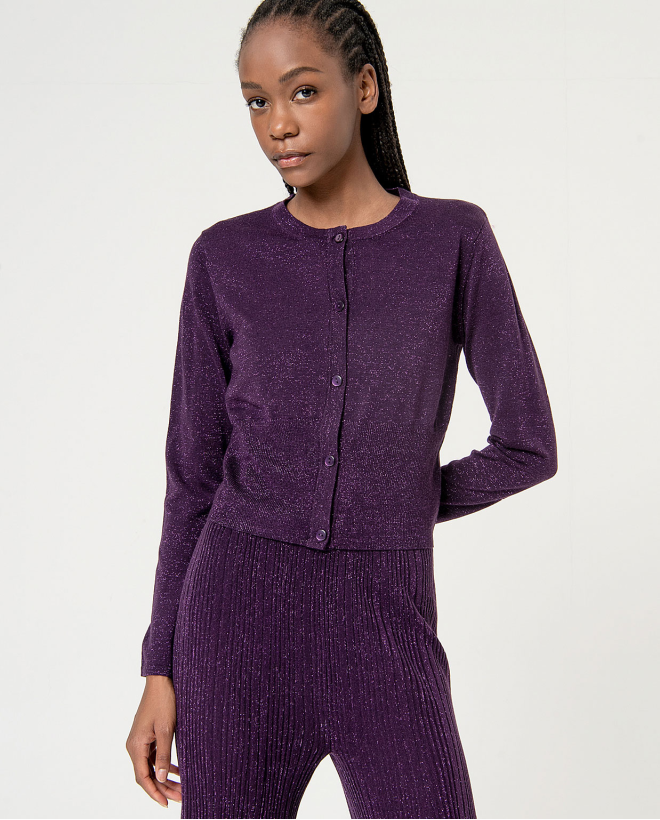 Plain metallic yarn cropped cardigan Purple