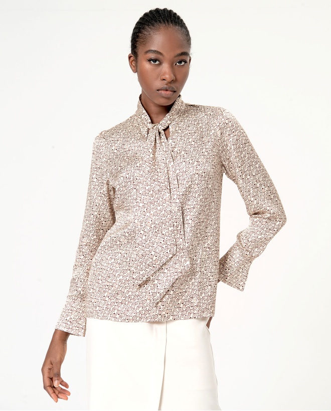 Blouse satinata con fiocco stampata Crudo