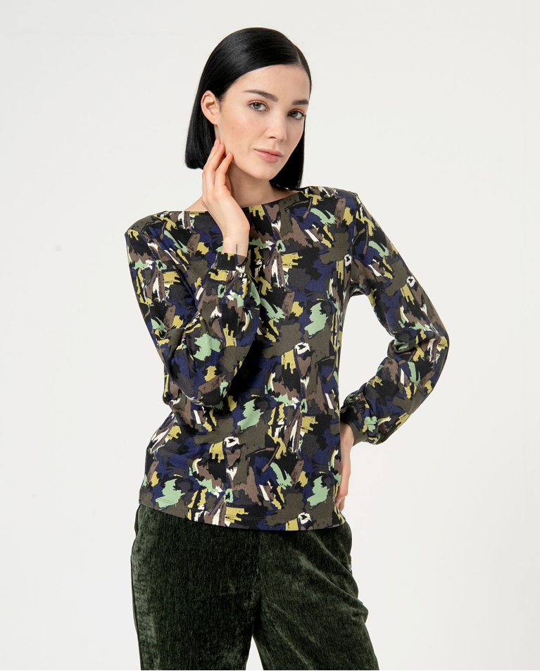 Blouse elastica scollo barca stampata Verde