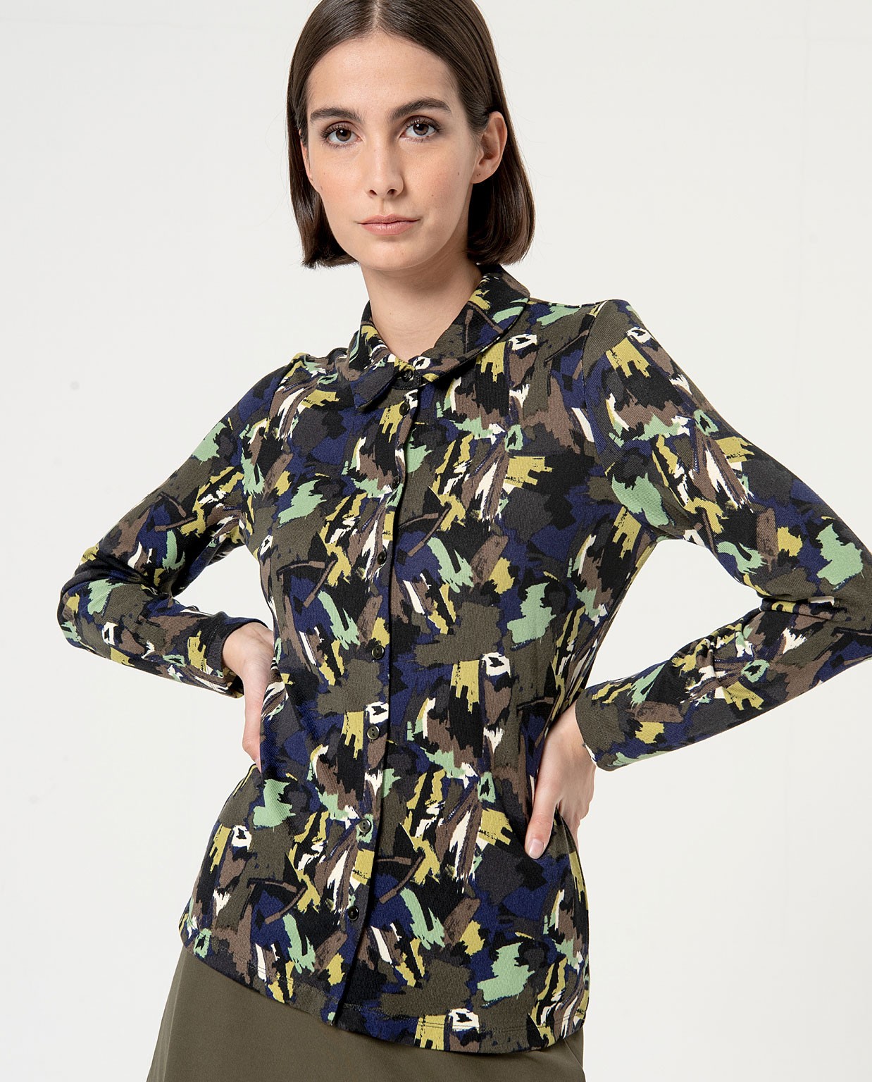 Camicia elastica a manica lunga stampata Verde