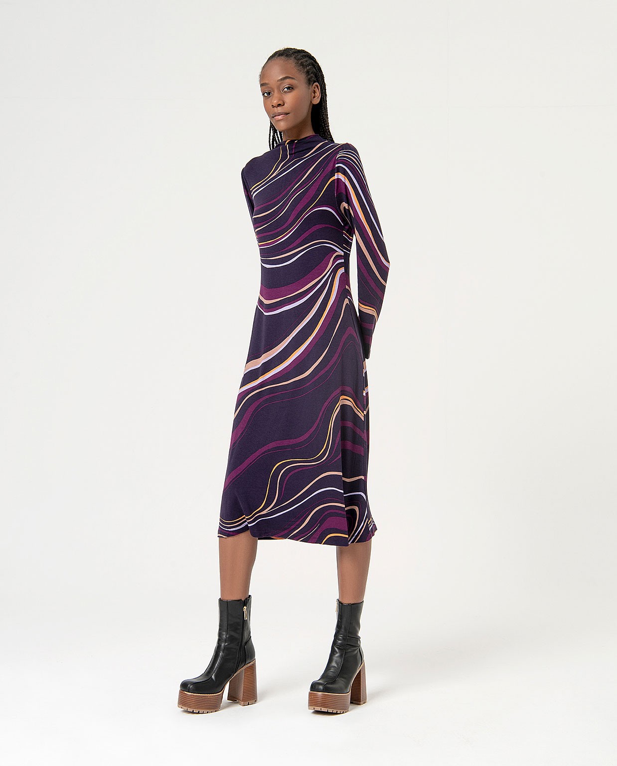 Printed elastic midi stretch printed dress Purple