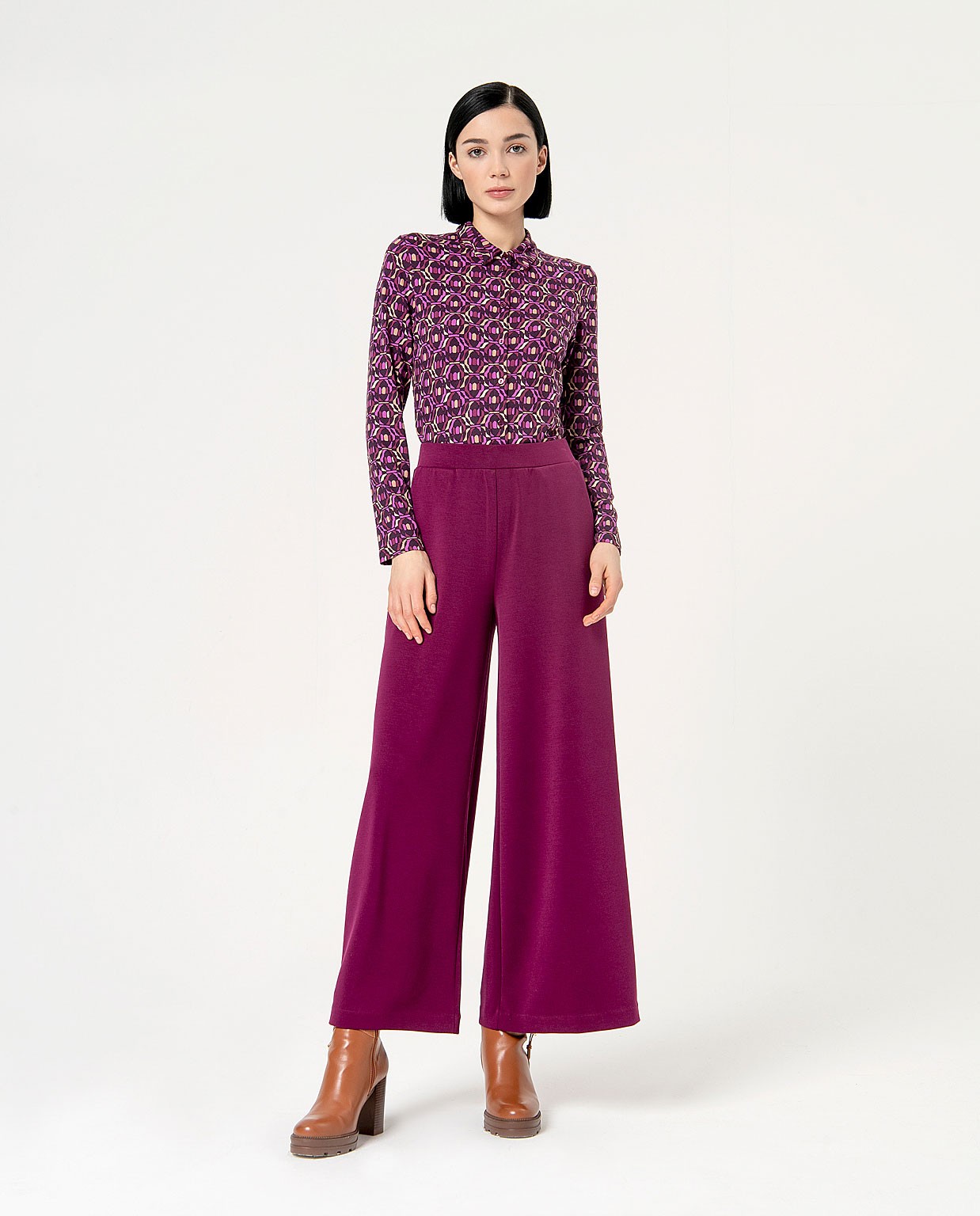 Plain elastic palazzo stretch pants Purple