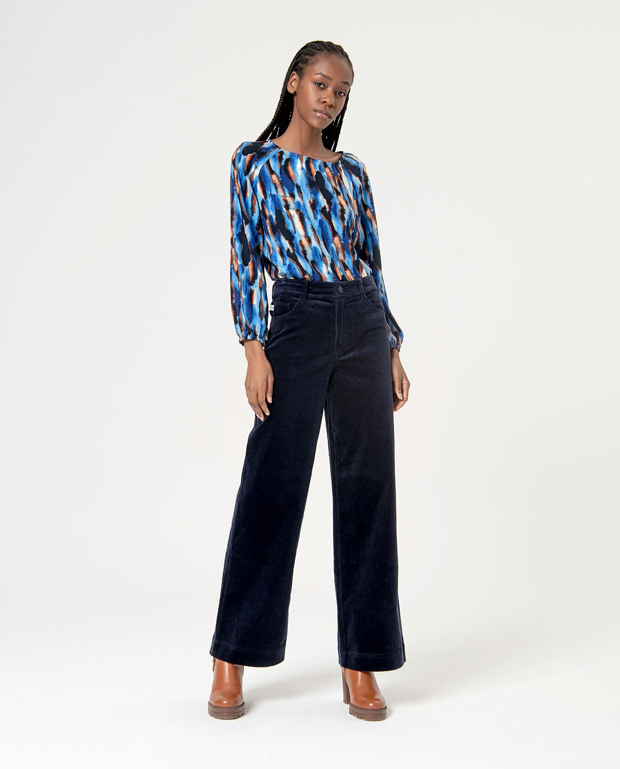 Plain wide leg corduroy pants Navy blue