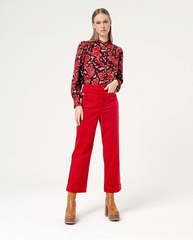 Pantalone in velluto cropped tinta unita Rosso