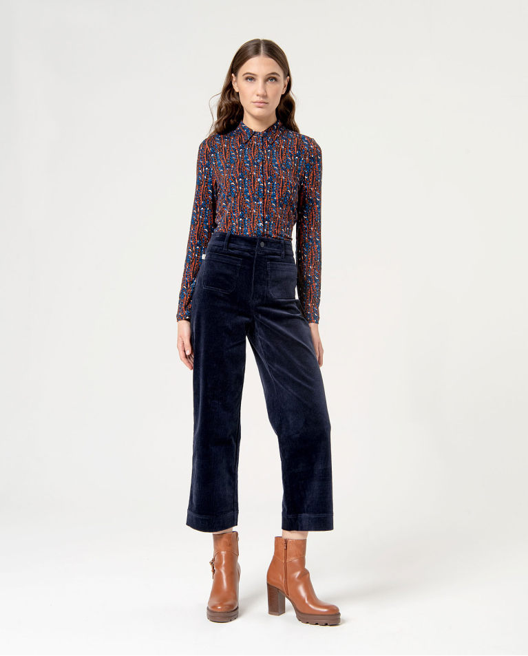 Plain corduroy cropped pants Navy blue