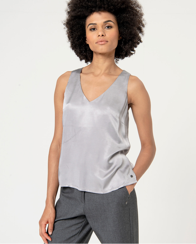 Smooth satin V-neck top Grey