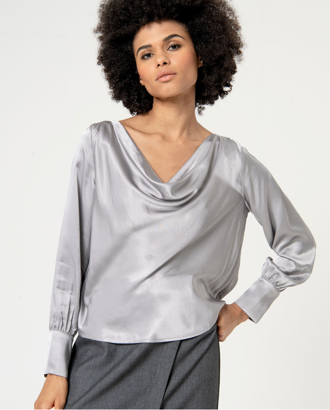 Blouse satinata scollo drappeggiato tinta unita Grigio