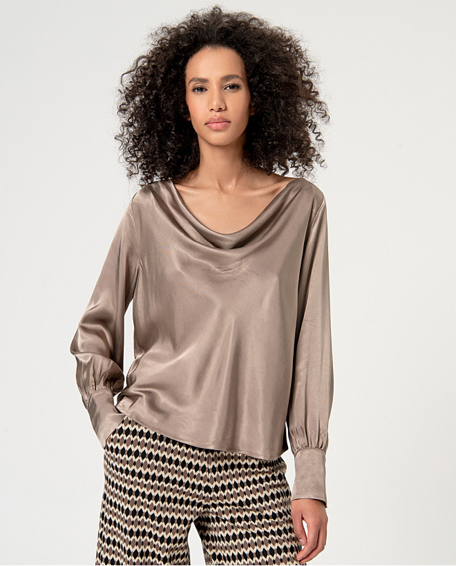 Plain satin blouse with draped neckline Stone