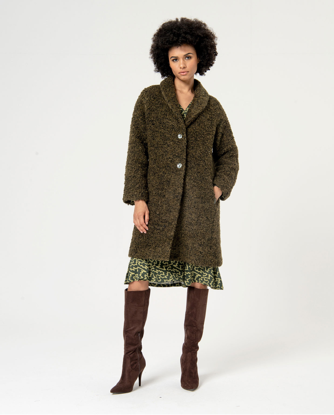 Plain bouclé knitted coat Green