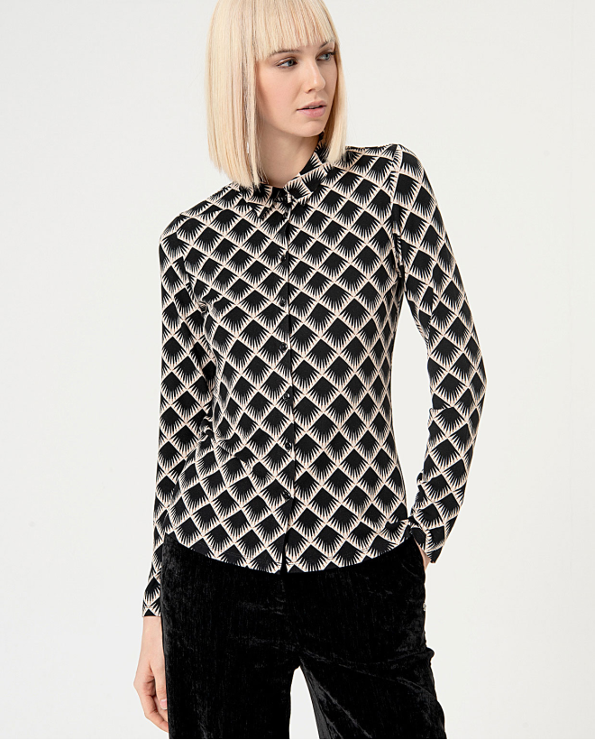 Printed long sleeve elastic shirt Black