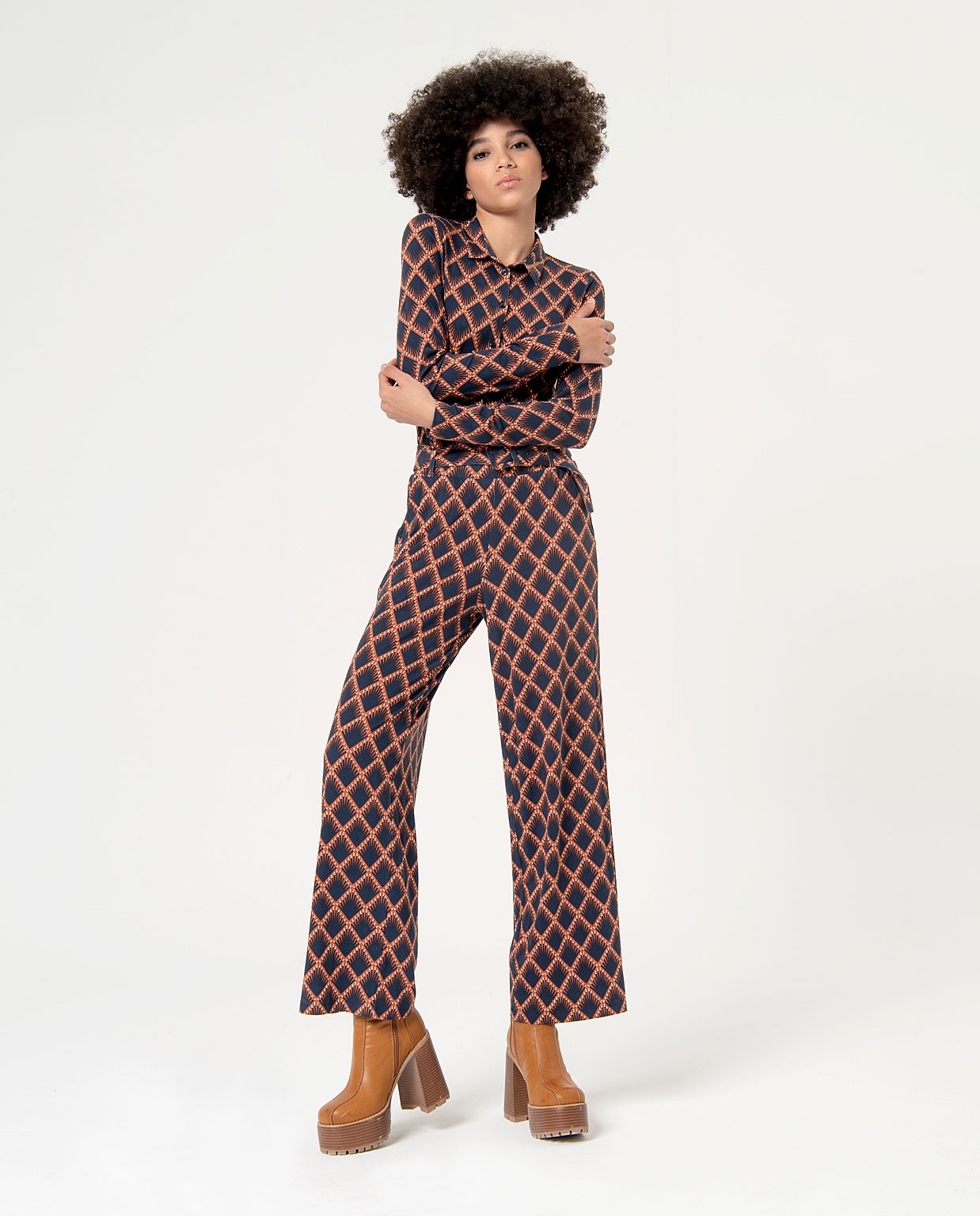 Printed stretch stretch straight pants Brown