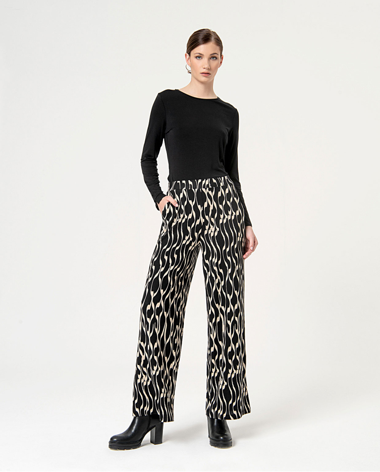 Printed stretch stretch straight pants Black