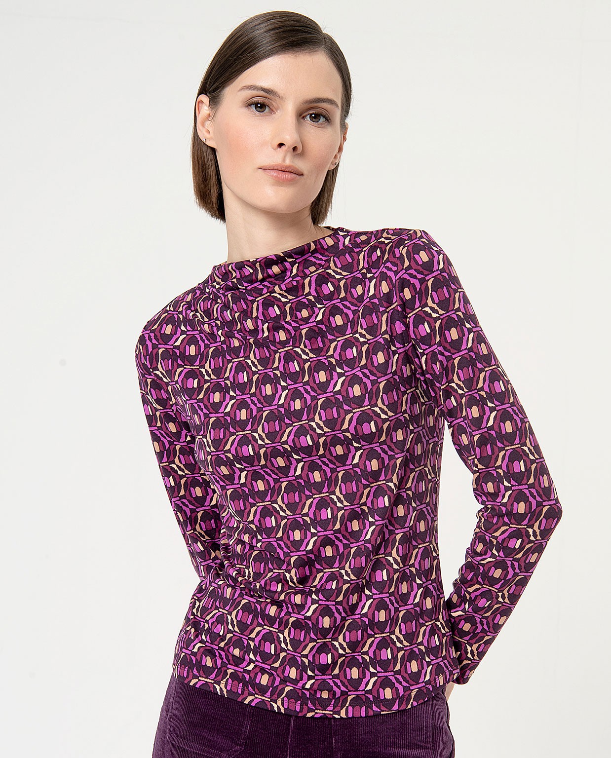 Stretch printed perkins collar elastic shirt Purple