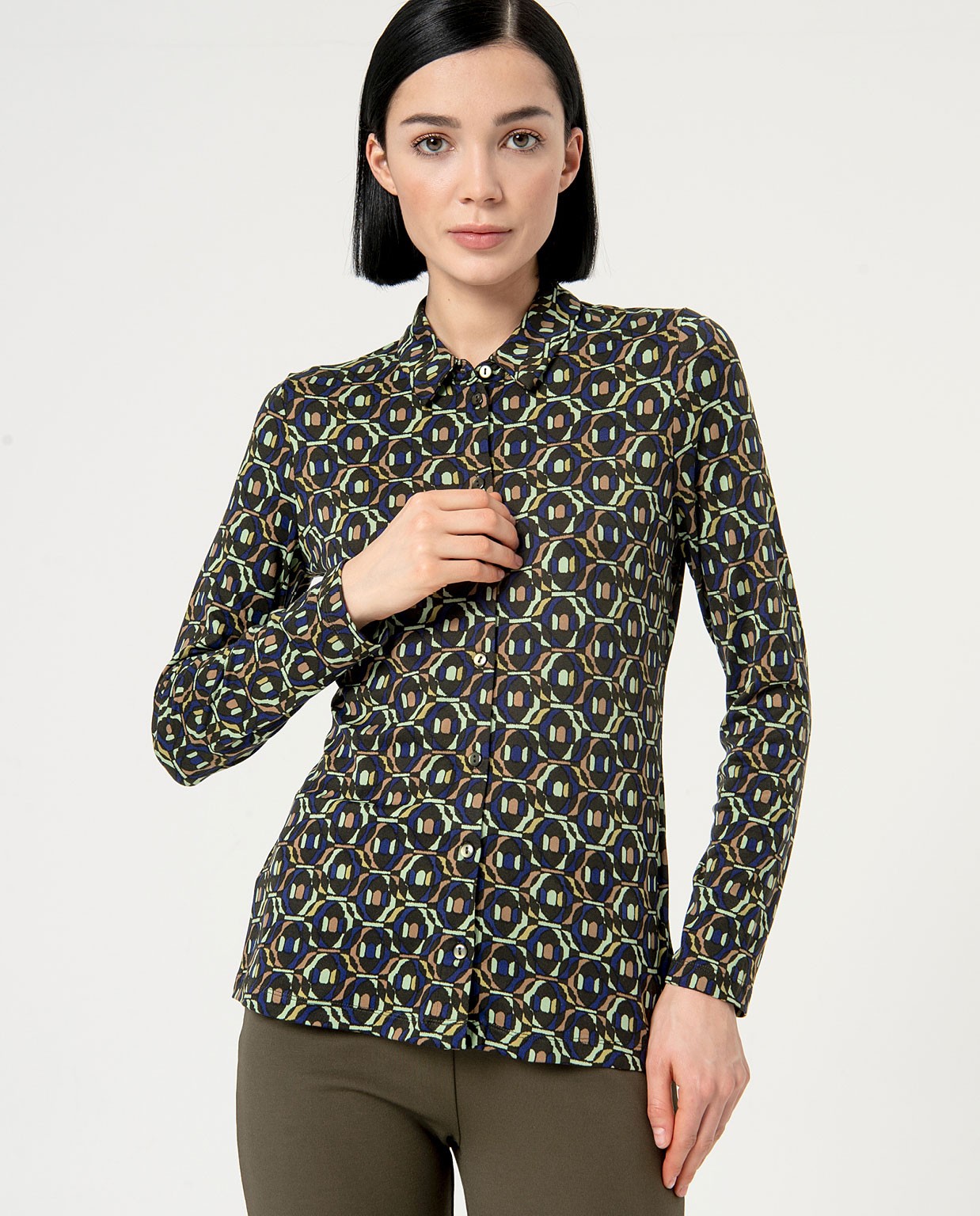 Printed long sleeve elastic shirt Green