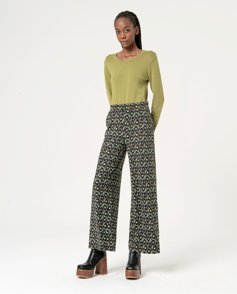 Printed elastic flowing stretch pants Green