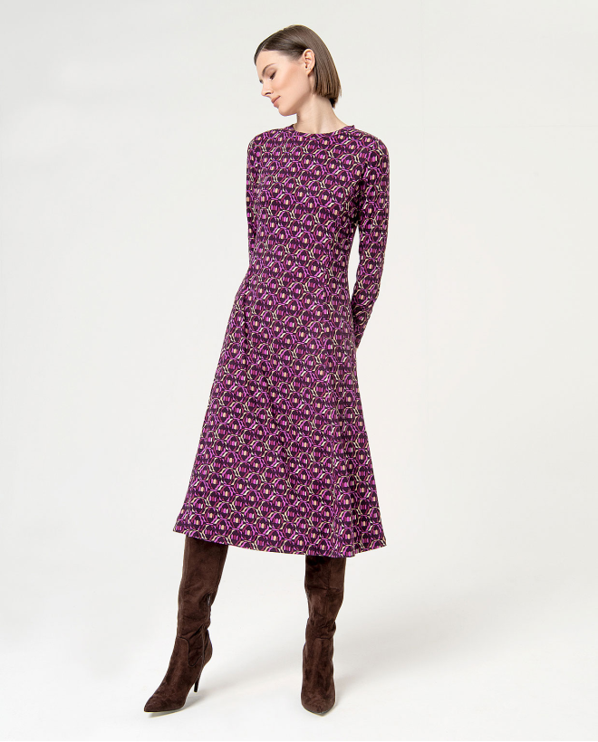 Printed elastic midi stretch printed dress Purple