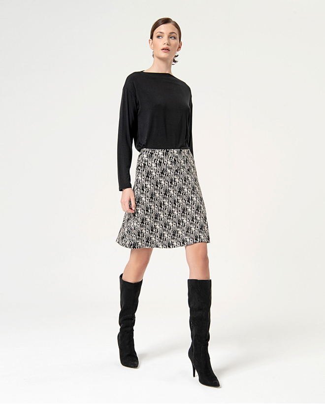 Stretch printed mini skirt with flounce Black