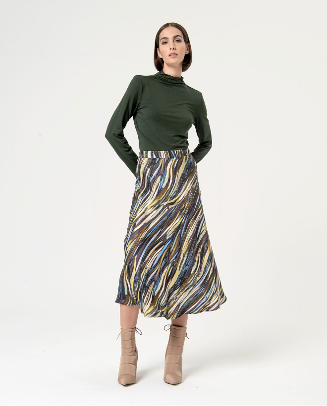 Patterned satin midi skirt Green